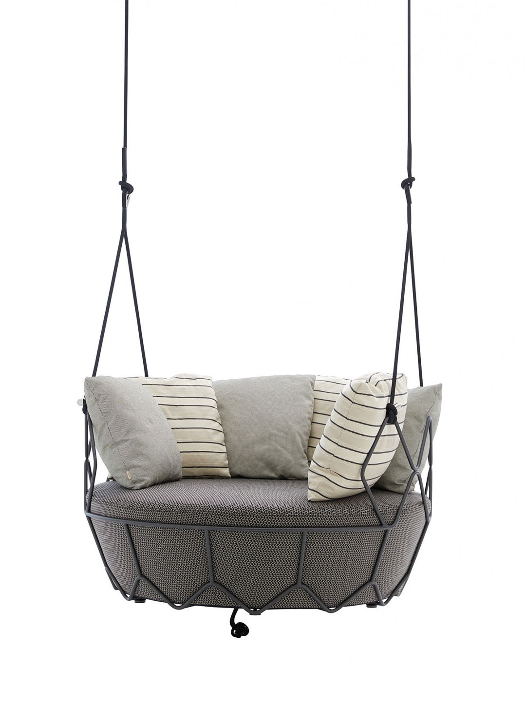 Circular luxury hanging daybed with charcoal geometric metal frame and grey outdoor cushions.